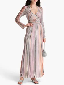 Elegant colorful striped knitted maxi dress with V-neck and high waist for spring