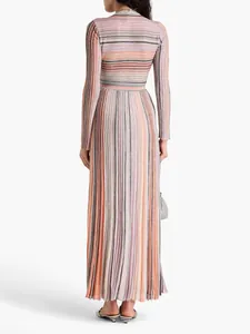 Elegant colorful striped knit maxi dress with high waist and long sleeves back view