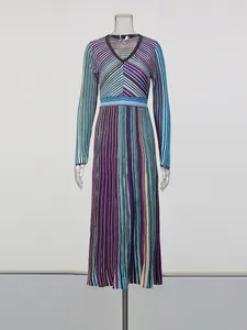 Elegant colorful striped knit maxi dress featuring a V-neckline and slim high waist design