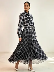 Casual Women Polyester Spandex Top And Bottom Long Sleeve Bow Tie Top And High Waist Pleated Maxi Skirt Printed Geometric Plaid
