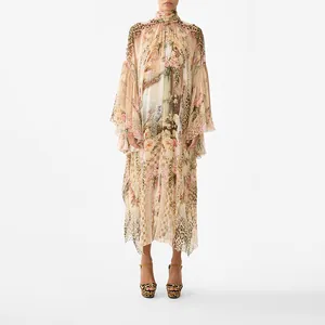 Full-length view of luxury high-neck maxi dress with leopard and floral mural print