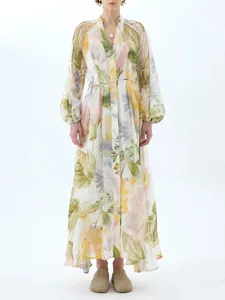 Women Floral Print Maxi Dress Sweet V Neck Puff Sleeve Long Swing Dress Polyester Fresh Style Vacation Beach Dress