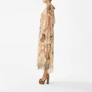 Detailed side view of French court style maxi dress with leopard and floral prints