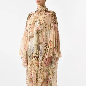 Detail of French court style dress featuring intricate floral and leopard prints