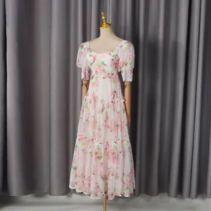 Detail view of the vintage floral tiered dress with a sweetheart neckline and corset waist