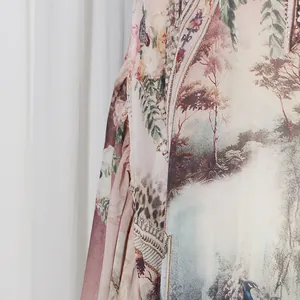 Detailed macro view of French court style floral and leopard print on dress fabric.