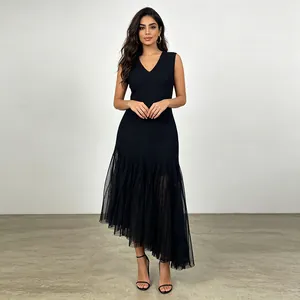 Elegant black sleeveless V-neck dress featuring a stylish asymmetrical tulle mesh hemline.
