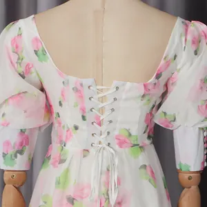 Detail shot of the adjustable lace-up back on this romantic floral print dress