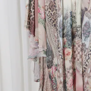 Detailed view of the leopard and floral print on a luxurious French style chiffon dress