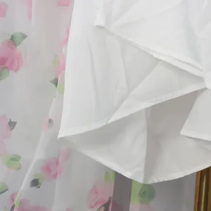 Close-up detail of romantic floral print dress with soft white lining and chiffon fabric