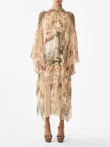 French Palace Style Floral Leopard Print Maxi Dress Women High Neck Tie Long Sleeve Vintage Elegant A-Line Long Dress