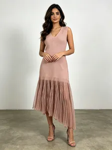 Women Elegant Western Style V-Neck Sleeveless Irregular Mesh Patchwork Dress Sexy Slim Fit Solid Color Long Party Dress