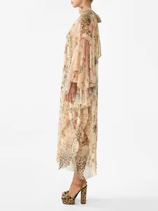 Elegant French-style maxi dress with floral and leopard prints, high neck side view