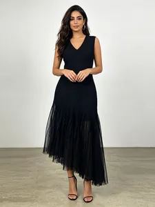 Elegant black sleeveless V-neck asymmetrical dress with sheer mesh splicing detail for women