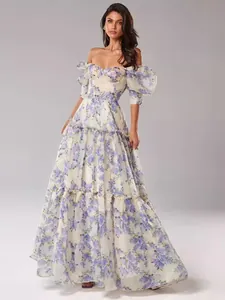 Romantic floral off-shoulder evening dress with sweetheart neckline and tiered skirt