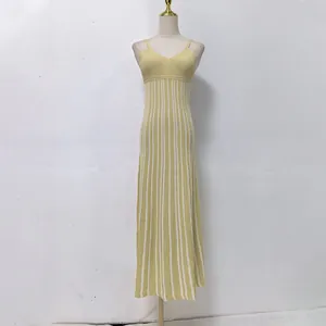 Detail shot of a yellow and white striped resort maxi dress on a mannequin stand