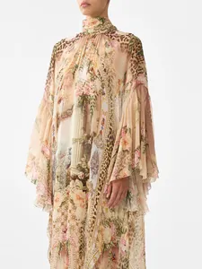 Elegant French court style printed maxi dress with leopard and floral patterns
