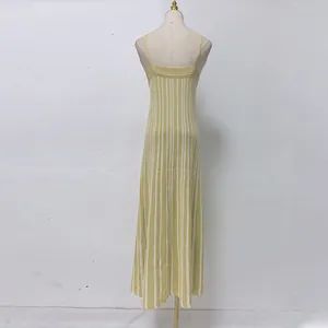 Back view of a lime green and white vertical-striped knitted maxi dress on a mannequin.