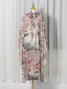 Elegant French court style floral and leopard print maxi dress with bow-tie neck
