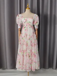 Romantic vintage floral tiered maxi dress with heart-shaped bustier and puff sleeves
