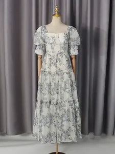 Elegant vintage romantic floral tiered midi dress with puff sleeves and sweetheart neck