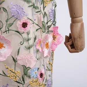 Detailopname van roze en paars bloemenborduurwerk op een romantische jurk van transparant mesh