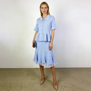French sweet style light blue knit set with POLO collar top and lace-trimmed A-line skirt