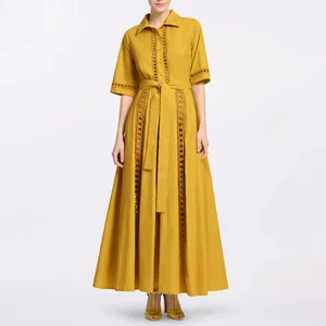 Elegant French vintage mustard yellow maxi dress with hollow-out lace and waist tie.