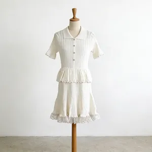 French style white knitted two-piece set with polo collar top and lace trim A-line skirt