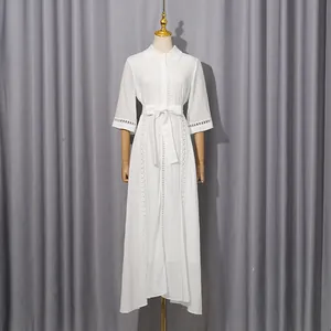 Elegant French vintage white long dress with hollow-out lace details and waist tie
