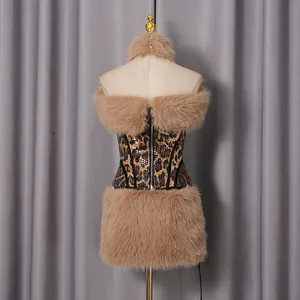 Detailed back view of a sexy leopard print sequin corset set with plush faux fur.