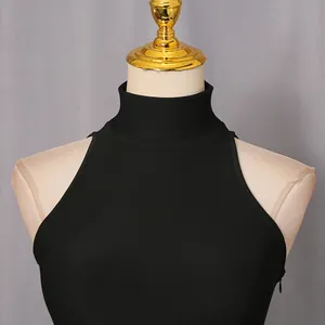 Detailed view of the elegant French style sleeveless stand collar slim fit black mini dress