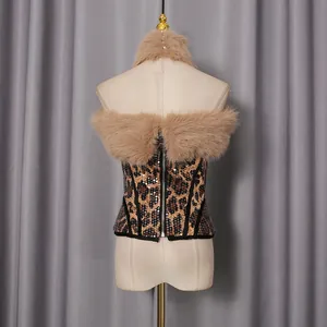 Detailed back view of leopard print sequin corset with beige faux fur trim and zipper
