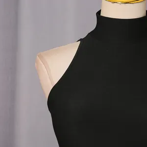 Close-up detail of a minimalist black sleeveless dress with elegant stand collar design