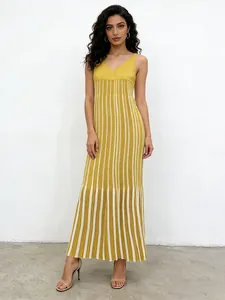 Summer vacation style yellow striped v-neck sleeveless maxi dress with pleated waist