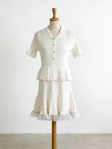 French sweet style knit two-piece set with polo collar top and lace-trimmed A-line skirt