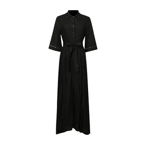 Elegant black French vintage maxi dress with hollow-out lace detail and waist tie