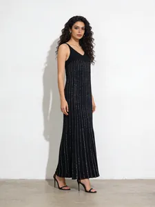 Elegant black sleeveless maxi dress with vertical metallic stripes and high waist