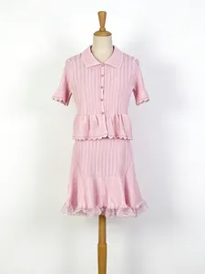 Sweet French style pink knit two-piece set featuring POLO collar top and A-line mini skirt