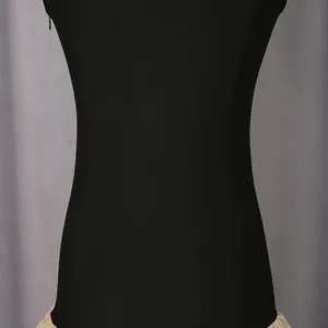 Close-up detail shot of elegant black sleeveless dress with slim waist and side zipper.