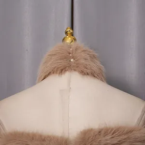 Detail of fluffy faux fur trim with pearl buttons on a stylish dress mannequin