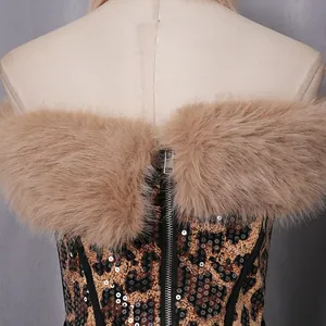 Close-up detail of leopard print corset top with sparkling sequins and faux fur