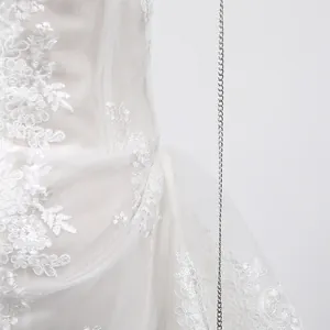 Vue macro montrant la broderie de dentelle florale complexe sur une robe blanche élégante