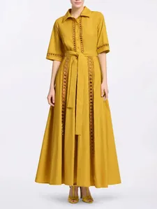 French Retro Court Style Hollow Out Polyester Maxi Dress Elegant Solid Color Lace-up Slimming Long Dress For Women Daily Vacation