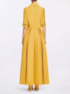 French vintage yellow maxi dress featuring elegant hollow-out lace and slim waist fit