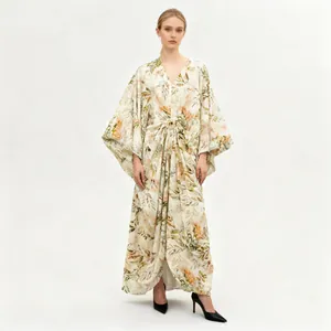 Full view of elegant floral print maxi dress featuring V-neck and batwing sleeves