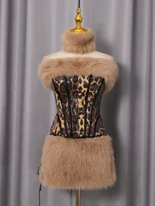 Sexy 3-piece leopard print corset set with sequins and faux fur collar and skirt