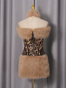 Trendy sexy 3-piece set featuring leopard print sequined corset and brown faux fur skirt.