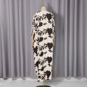 Back view of a loose floral print maxi dress with batwing sleeves