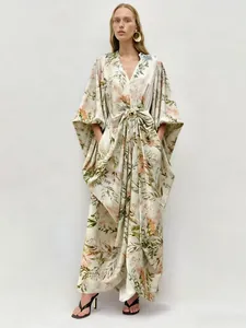 Polyester Cotton Floral V Neck Batwing Sleeve Maxi Dress With Metal Buckle Casual Loose Elegant Long Dress For Women